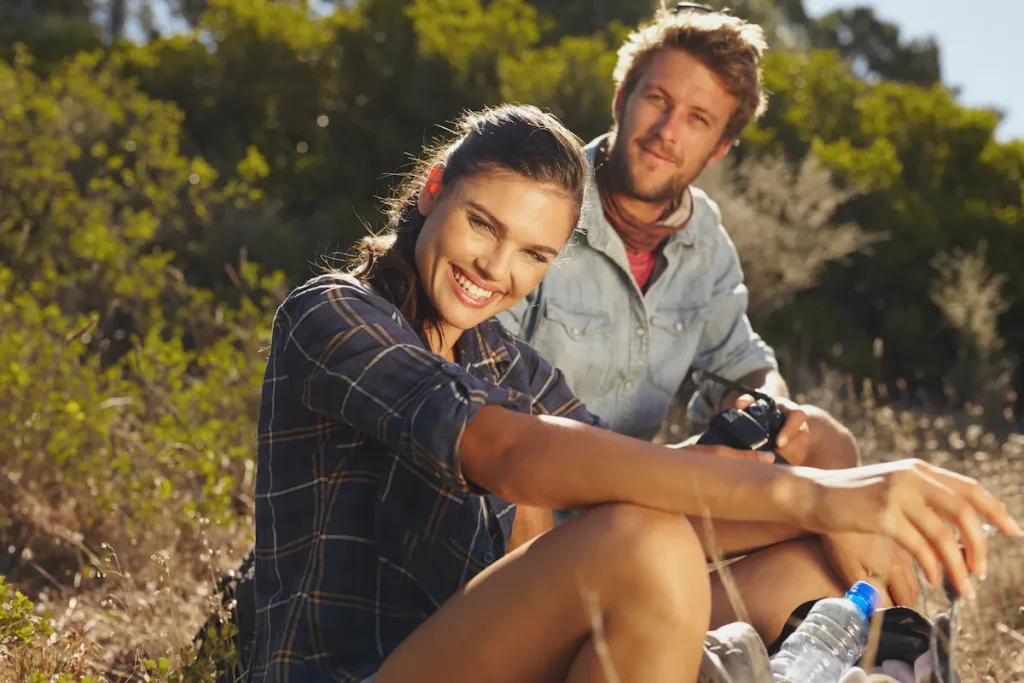 happy couple hiking