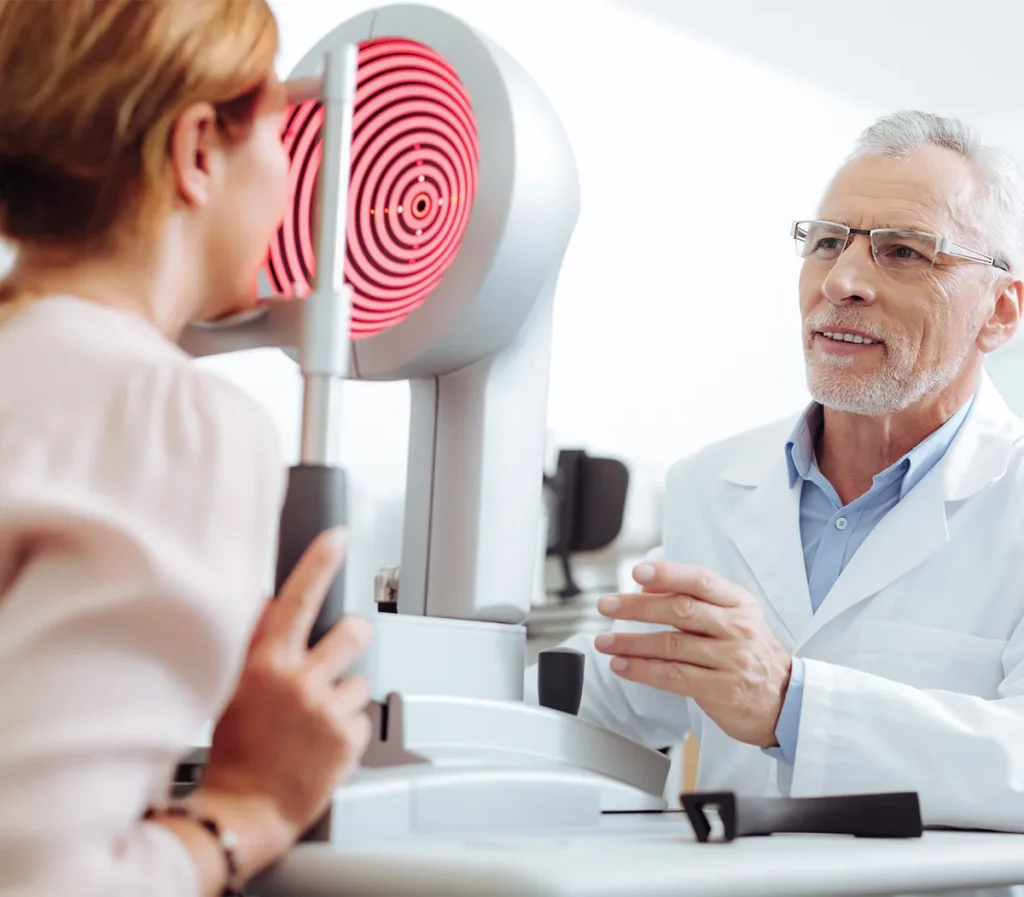 woman testing eyes for keratoconus